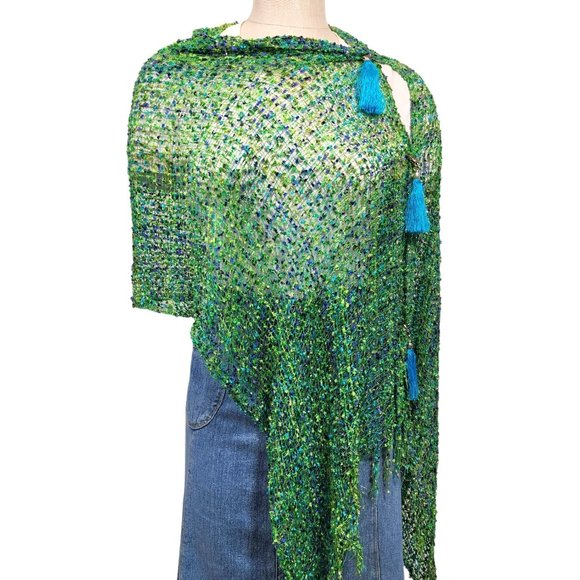 Green Purple Turquoise Olive Mix Poncho Vest Scarf Adjustable Tassel Wrap - Picture 3 of 6